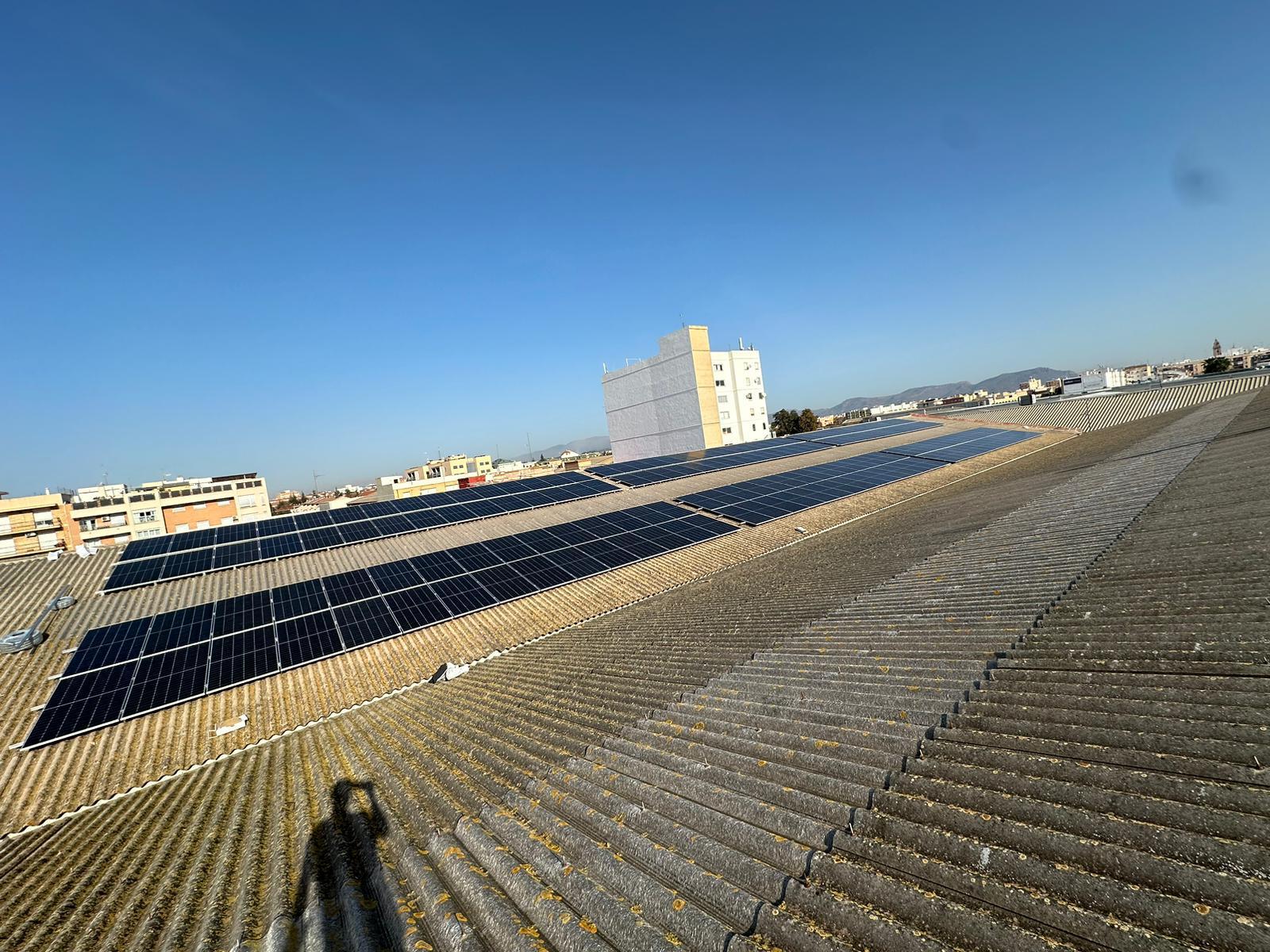 Módulos fotovoltaicos distribuidos sobre una cubierta industrial inclinada
